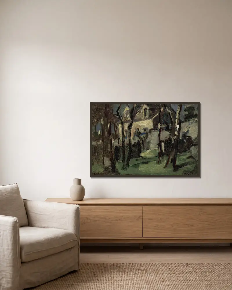 Cottage At Corstorphine av Samuel John Peploe inramad på en vägg