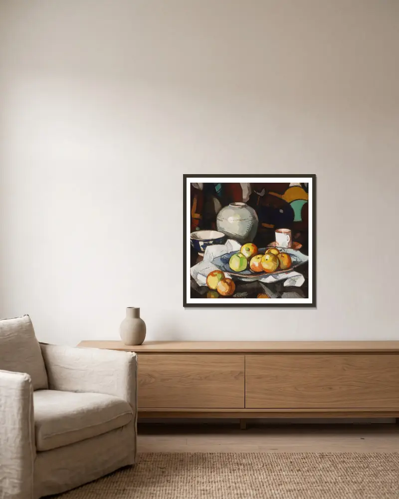 Stillleben mit Äpfeln und Glas von Samuel John Peploe gerahmt an einer Wand