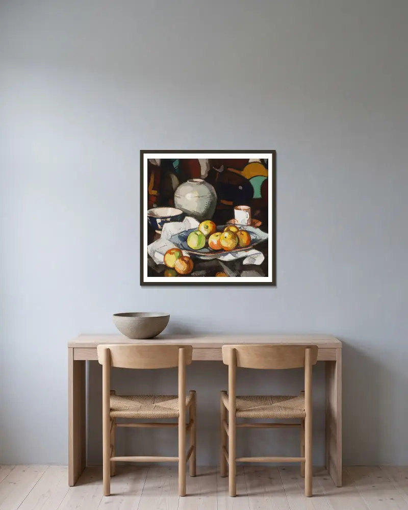 Stillleben mit Äpfeln und Glas von Samuel John Peploe gerahmt an einer Wand