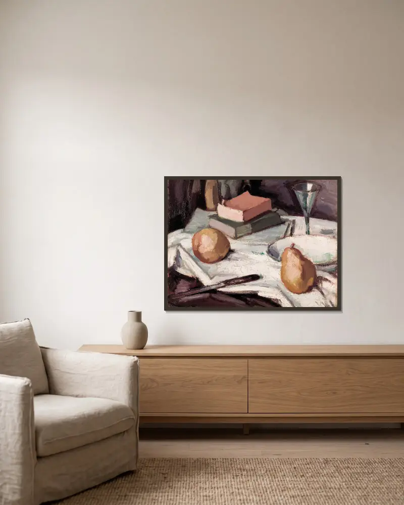 Stillleben mit Birnen und Weinglas von Samuel John Peploe gerahmt an einer Wand