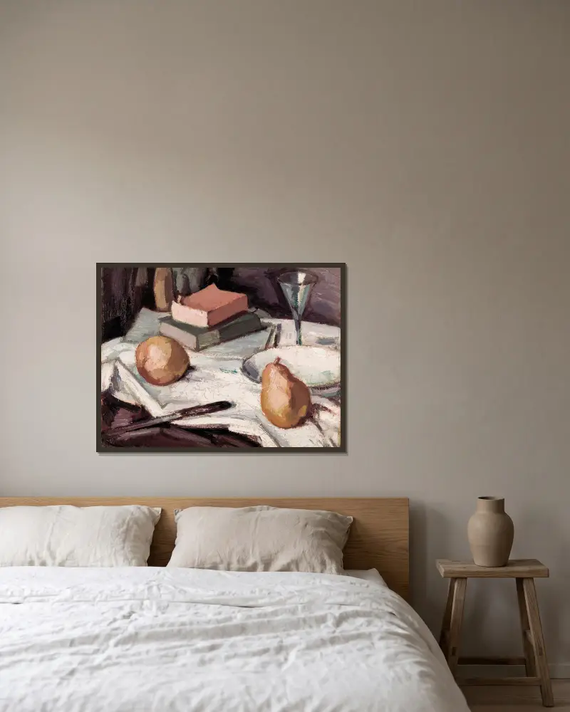 Stillleben mit Birnen und Weinglas von Samuel John Peploe gerahmt an einer Wand