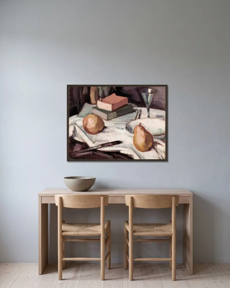 Stillleben mit Birnen und Weinglas von Samuel John Peploe gerahmt an einer Wand