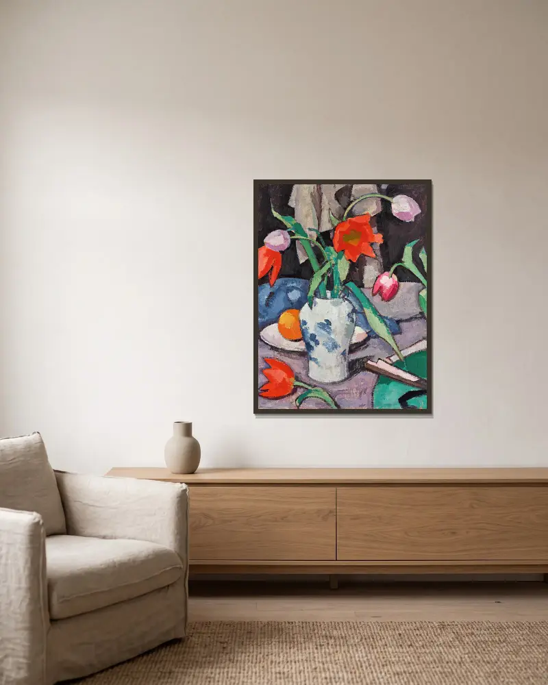 Still Life With Tulips And Fan av Samuel John Peploe inramad på en vägg