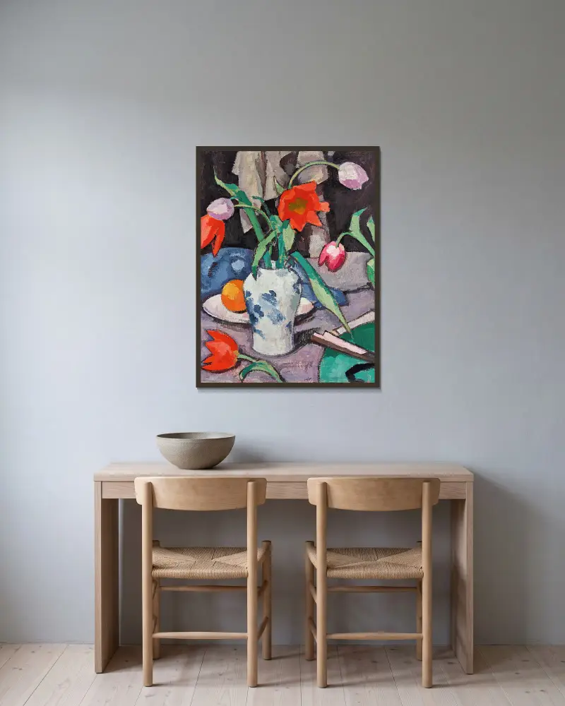 Still Life With Tulips And Fan av Samuel John Peploe inramad på en vägg
