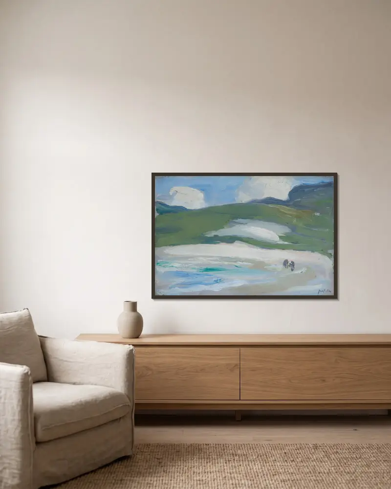 Der Sandstrand, Barra von Samuel John Peploe gerahmt an einer Wand