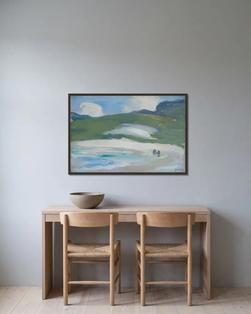 Der Sandstrand, Barra von Samuel John Peploe gerahmt an einer Wand