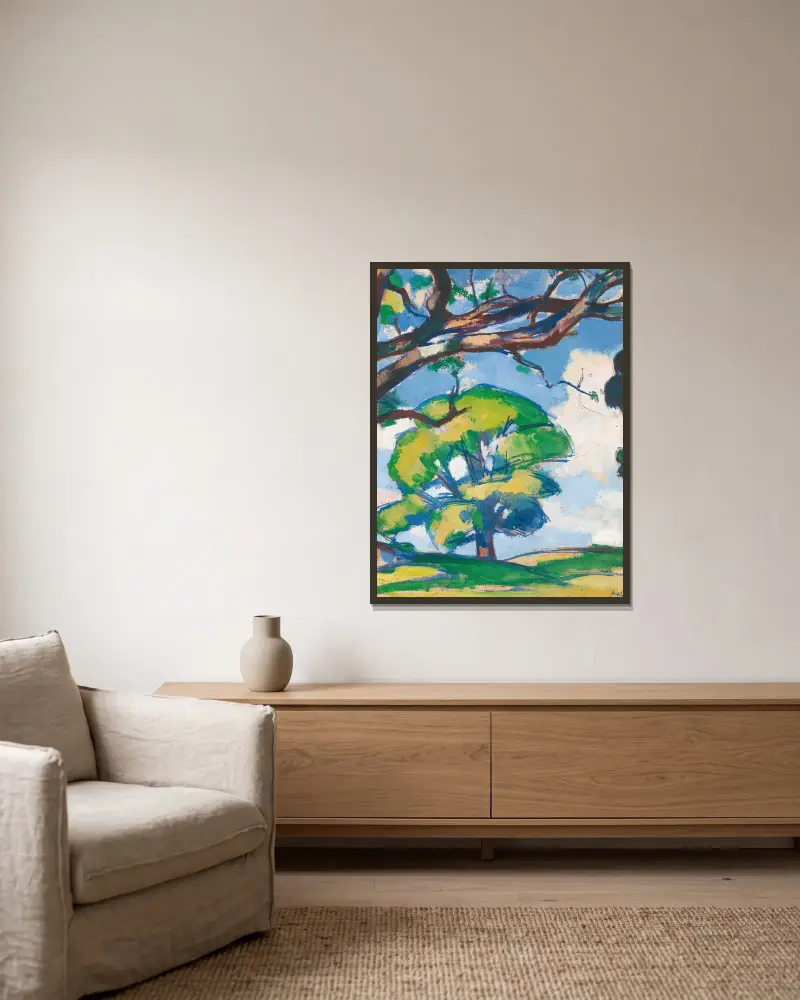 Trees, Douglas Hall av Samuel John Peploe inramad på en vägg