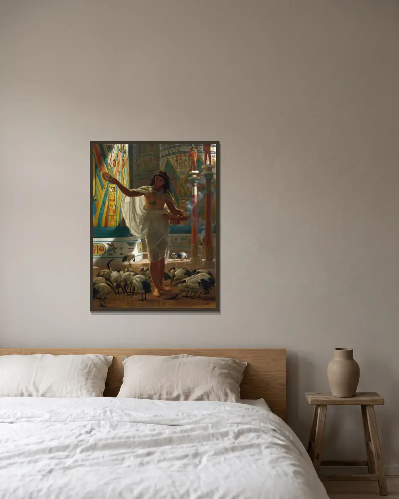 Matar den heliga ibisen i Karnaks salar av Edward John Poynter inramad på en vägg
