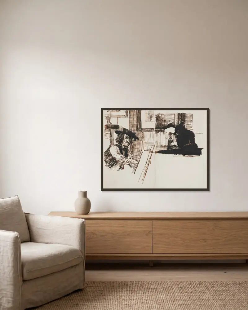 Whistler tecknar Poynter; ryggvy av en man sittande vid ett bord nära en tänd lampa av Edward John Poynter inramad på en vägg