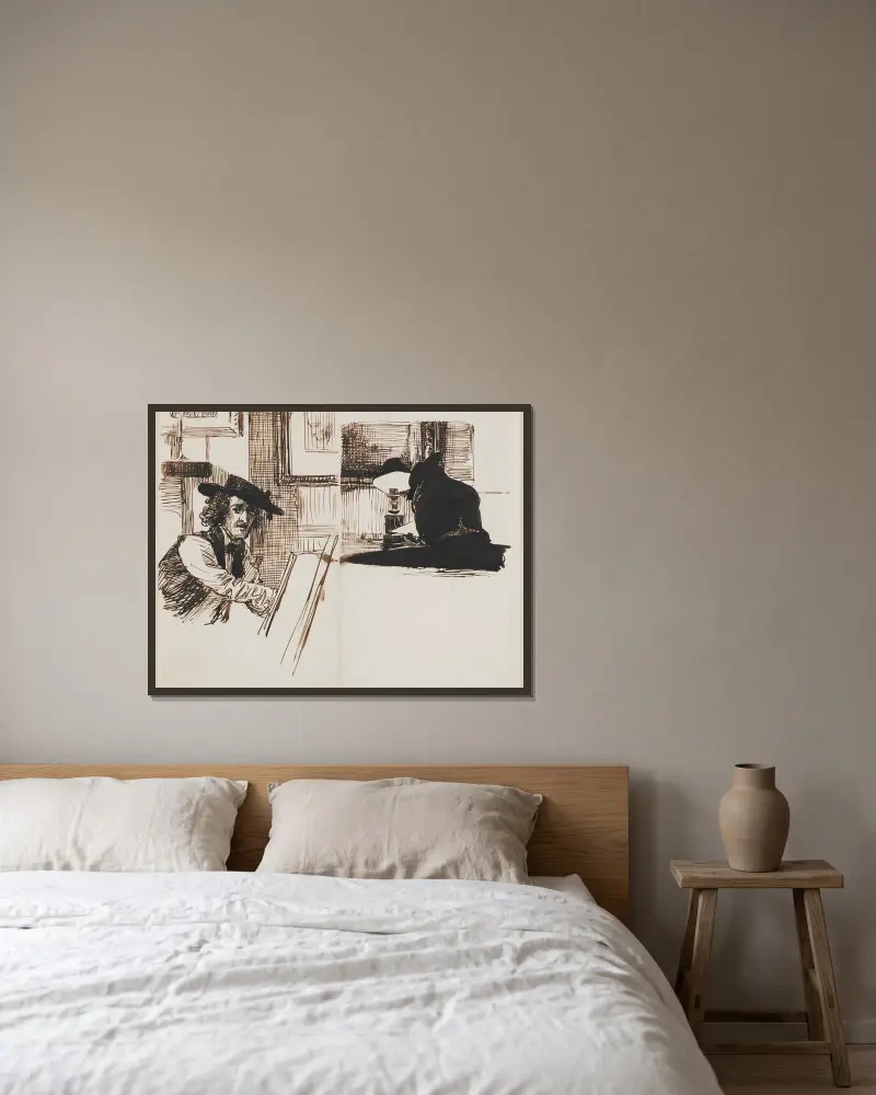 Whistler tecknar Poynter; ryggvy av en man sittande vid ett bord nära en tänd lampa av Edward John Poynter inramad på en vägg