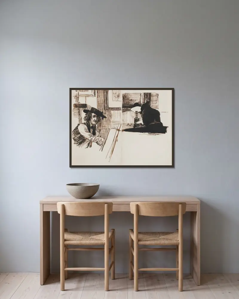 Whistler tecknar Poynter; ryggvy av en man sittande vid ett bord nära en tänd lampa av Edward John Poynter inramad på en vägg