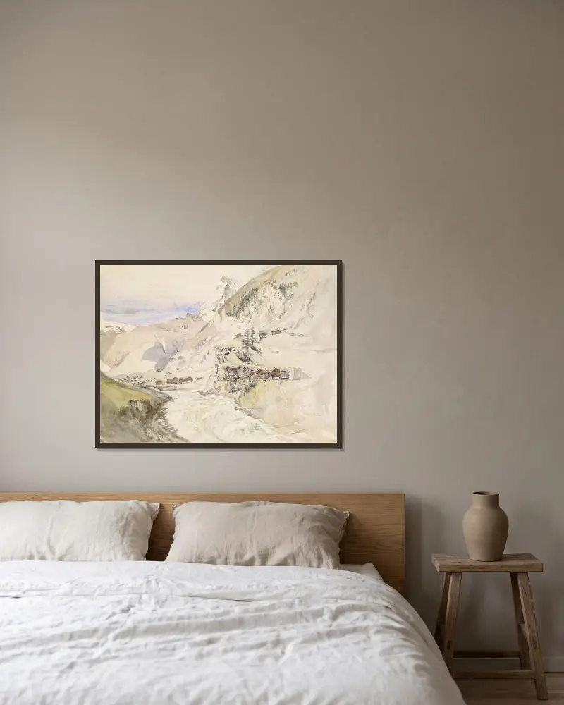 Ein Alpental, das Matterhorn in der Ferne von John Ruskin gerahmt an einer Wand