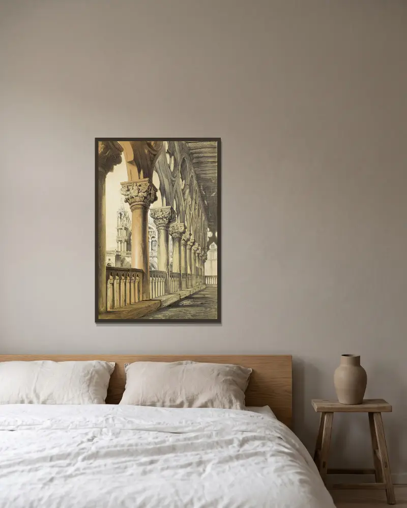 Beispiele venezianischer Architektur – Der Dogenpalast, Renaissance-Kapitelle der Loggia von John Ruskin gerahmt an einer Wand