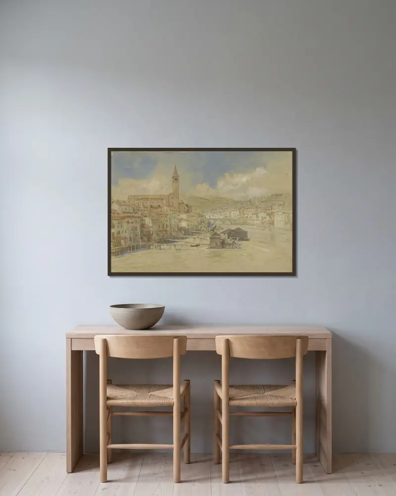 Vy över Sant'Anastasia i Verona, över Adige av John Ruskin inramad på en vägg