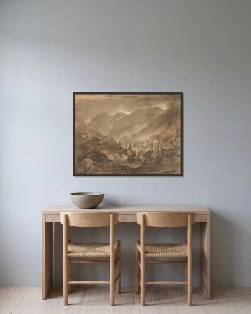 Berglandschaft, Macugnaga von John Ruskin gerahmt an einer Wand