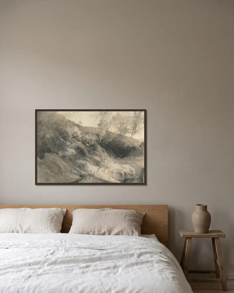 Klippbanken vid en flod av John Ruskin inramad på en vägg