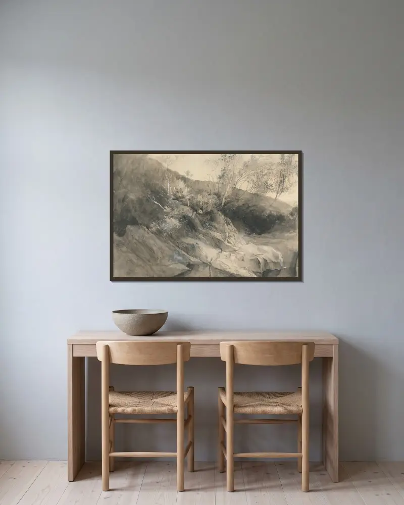 Klippbanken vid en flod av John Ruskin inramad på en vägg