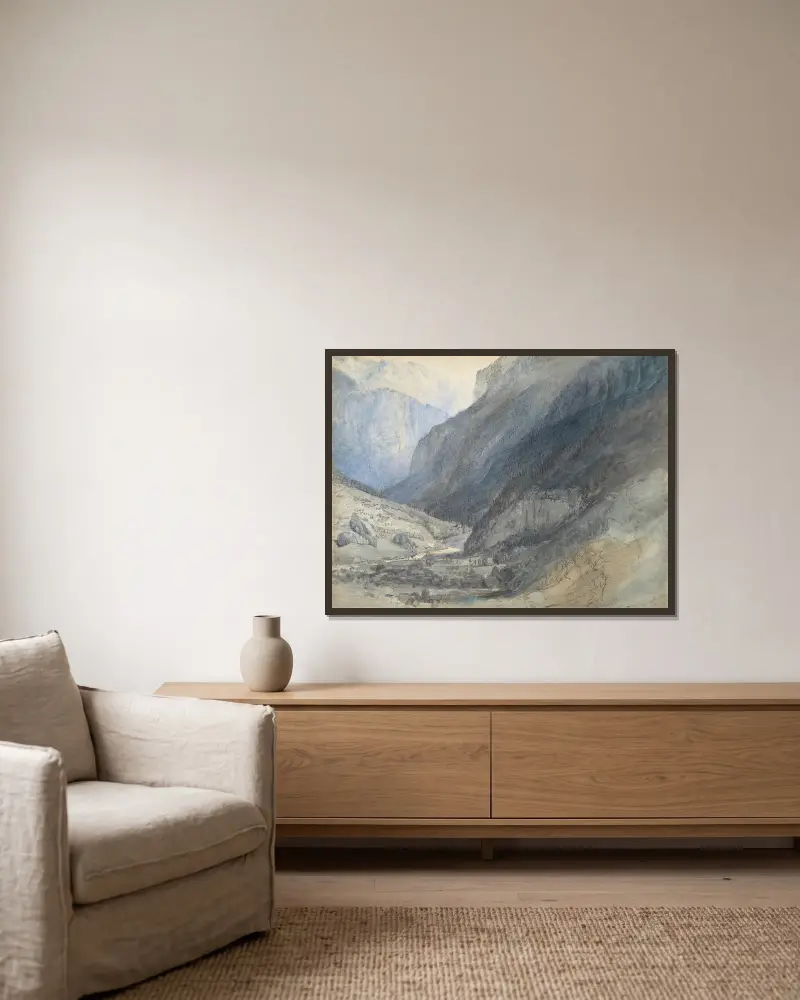 Lauterbrunnendalen, Schweiz av John Ruskin inramad på en vägg