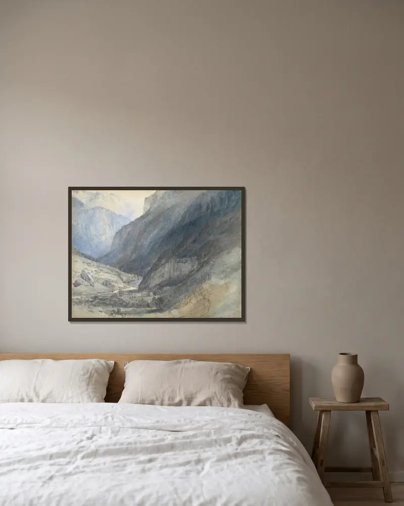 Lauterbrunnendalen, Schweiz av John Ruskin inramad på en vägg