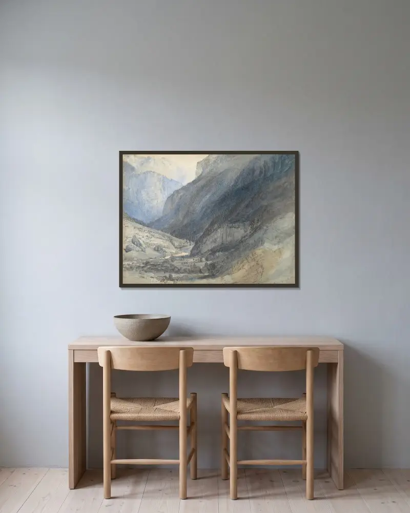 Lauterbrunnendalen, Schweiz av John Ruskin inramad på en vägg