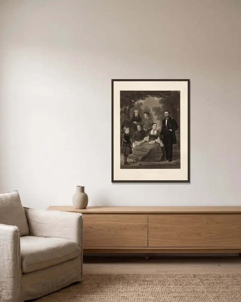 Ulysses S. Grant und seine Familie von John Sartain gerahmt an einer Wand