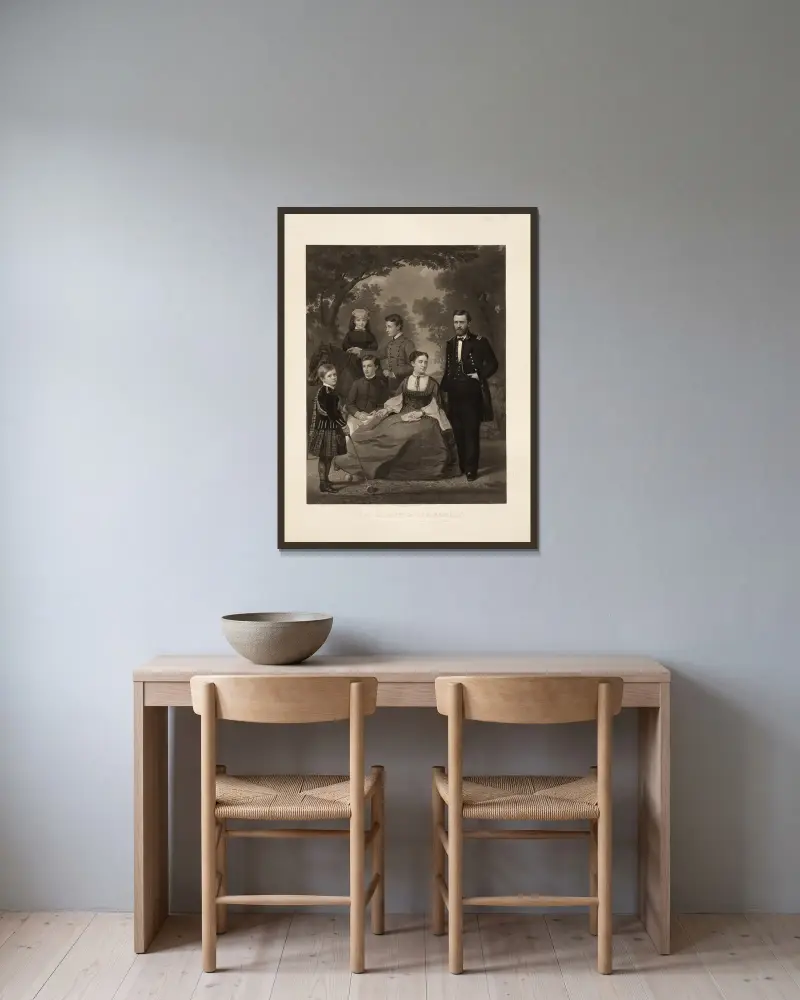 Ulysses S. Grant und seine Familie von John Sartain gerahmt an einer Wand