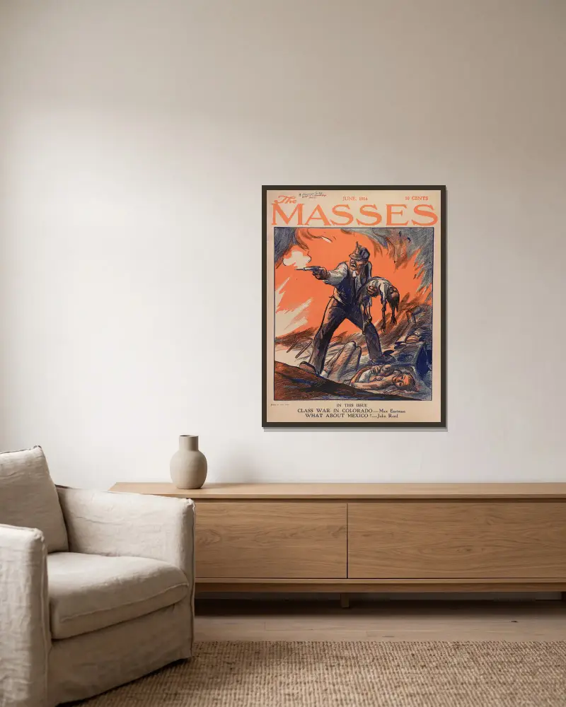 Massaker under Colorados kolstrejk i Ludlow, Colorado av John Sloan inramad på en vägg