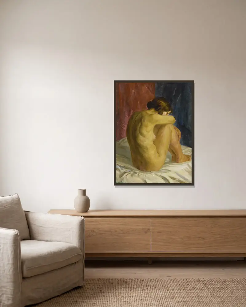 Nackte Frau, die zurückblickt von John Sloan gerahmt an einer Wand
