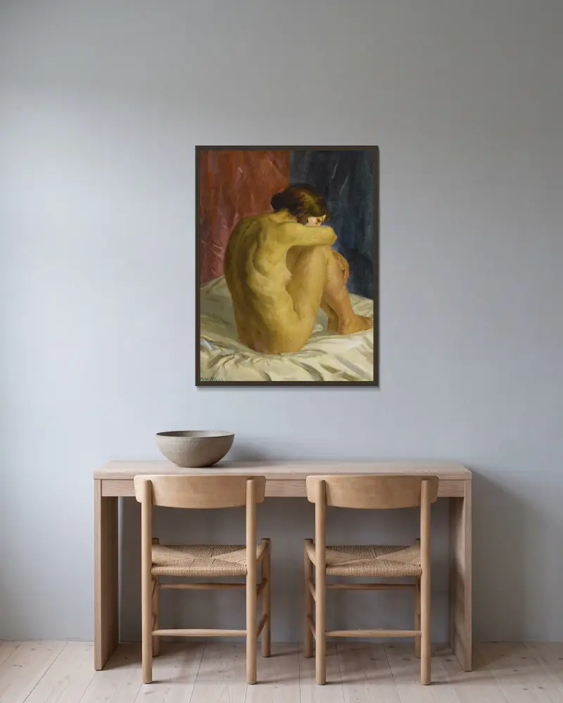 Nackte Frau, die zurückblickt von John Sloan gerahmt an einer Wand
