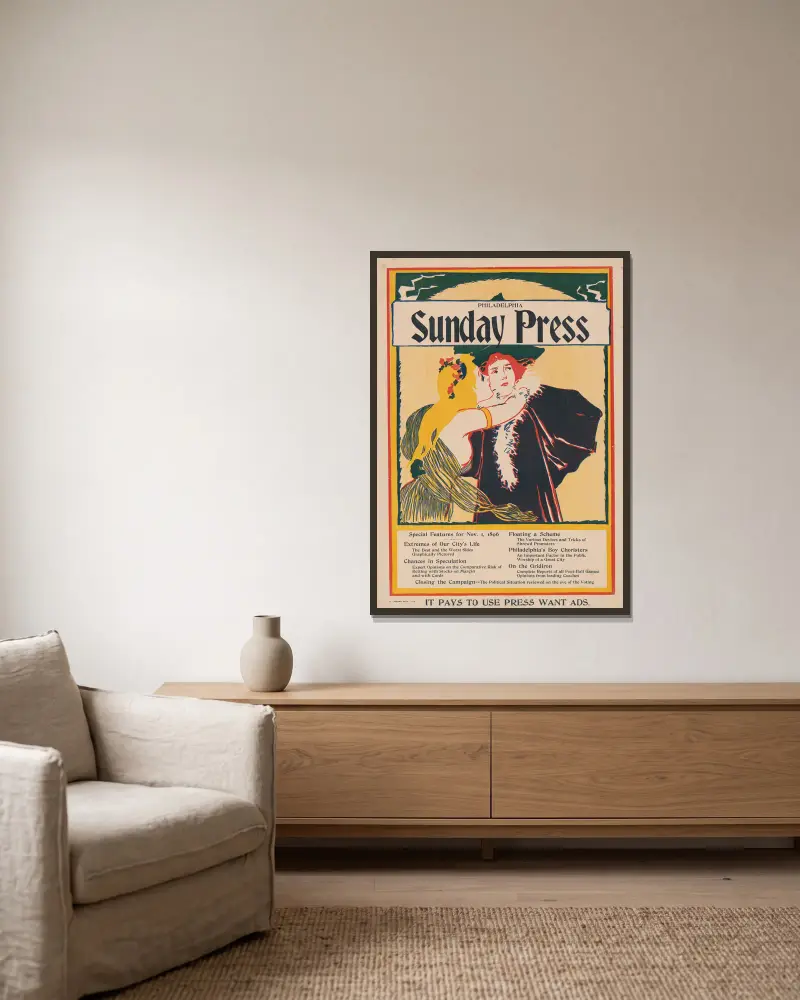 Söndagspressen. Specialerbjudanden för 1 november 1896 av John Sloan inramad på en vägg