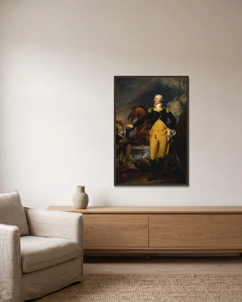 George Washington före slaget vid Trenton av John Trumbull inramad på en vägg