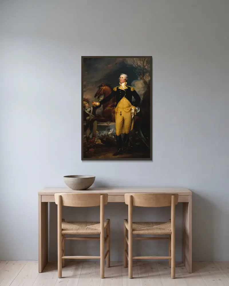 George Washington före slaget vid Trenton av John Trumbull inramad på en vägg