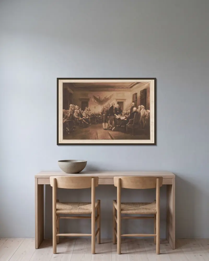 Unterzeichnung der Unabhängigkeitserklärung von John Trumbull gerahmt an einer Wand