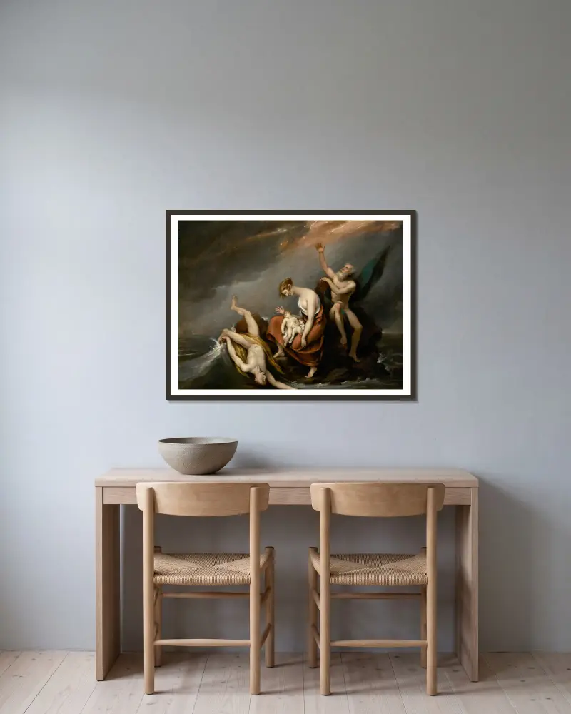 Den sista familjen som omkom i syndafloden (Första Moseboken 7:4–24) av John Trumbull inramad på en vägg