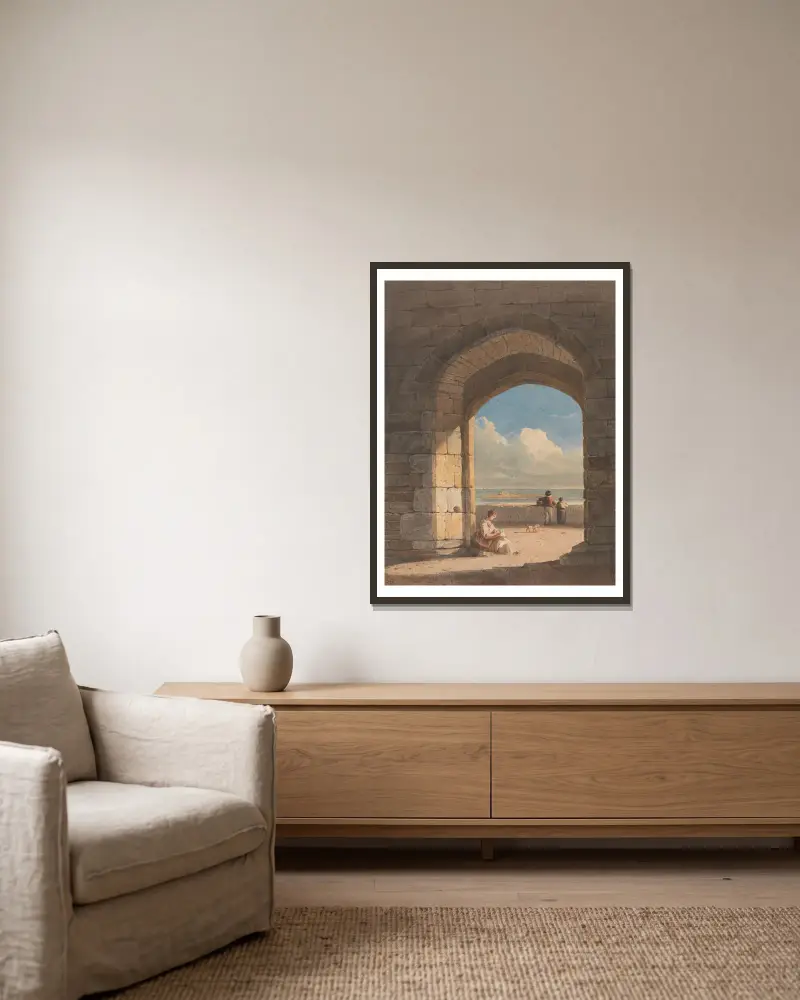 En valvbåge på Holy Island, Northumberland av John Varley inramad på en vägg