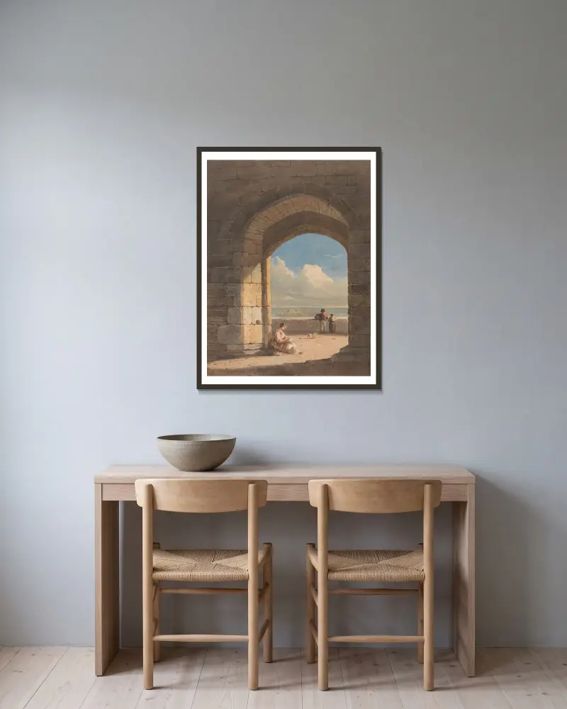 En valvbåge på Holy Island, Northumberland av John Varley inramad på en vägg