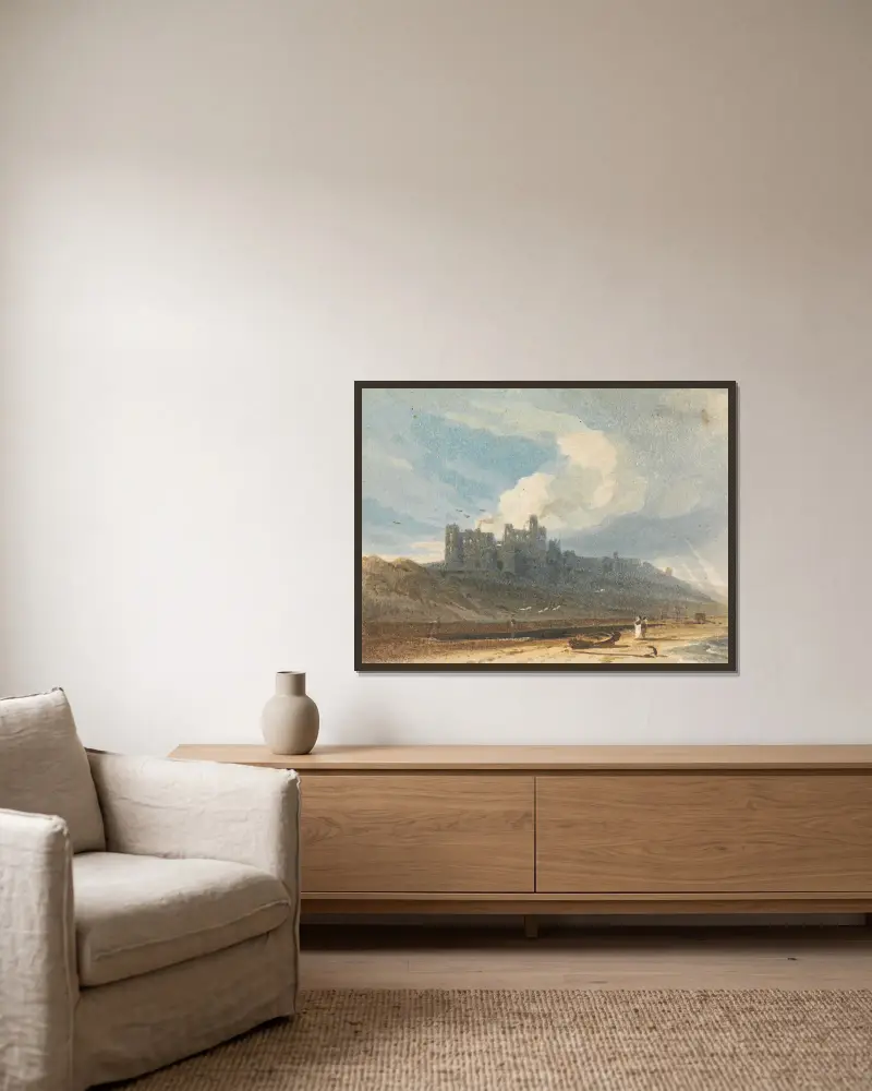 Bamburgh Castle, Northumberland von John Varley gerahmt an einer Wand
