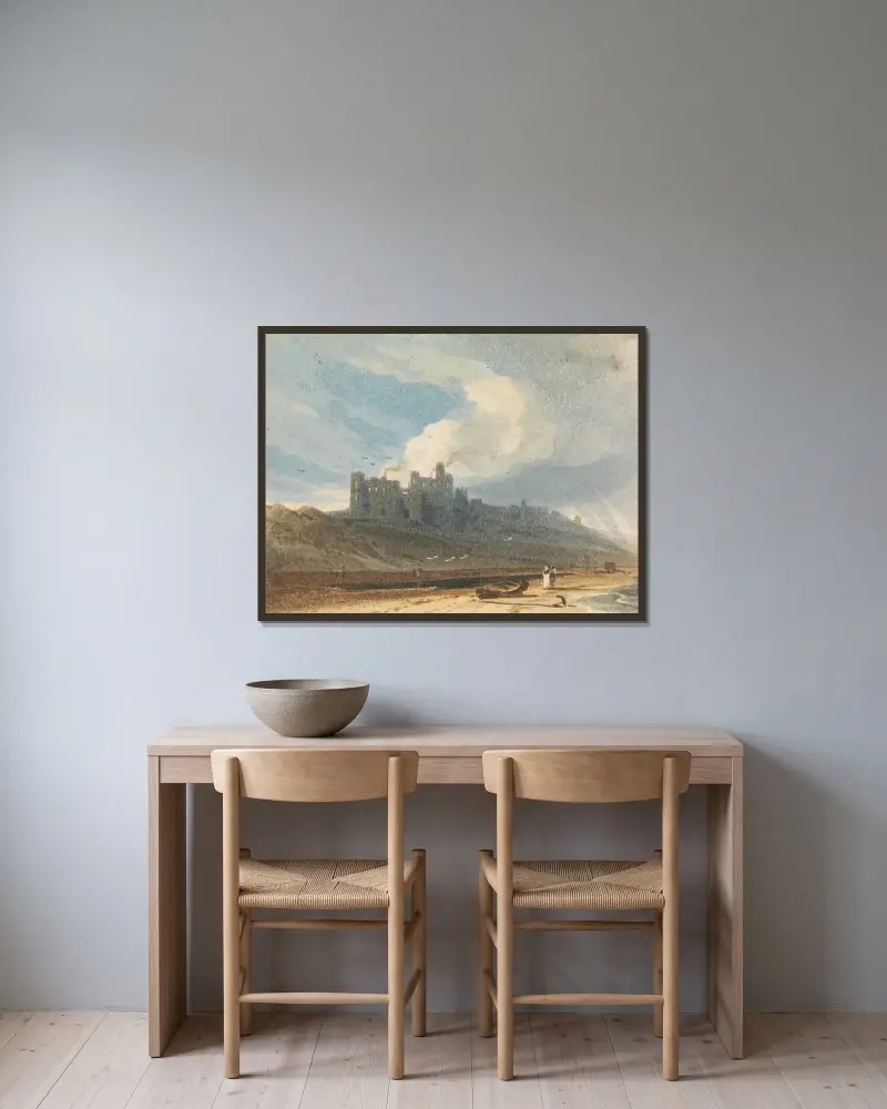Bamburgh Castle, Northumberland von John Varley gerahmt an einer Wand