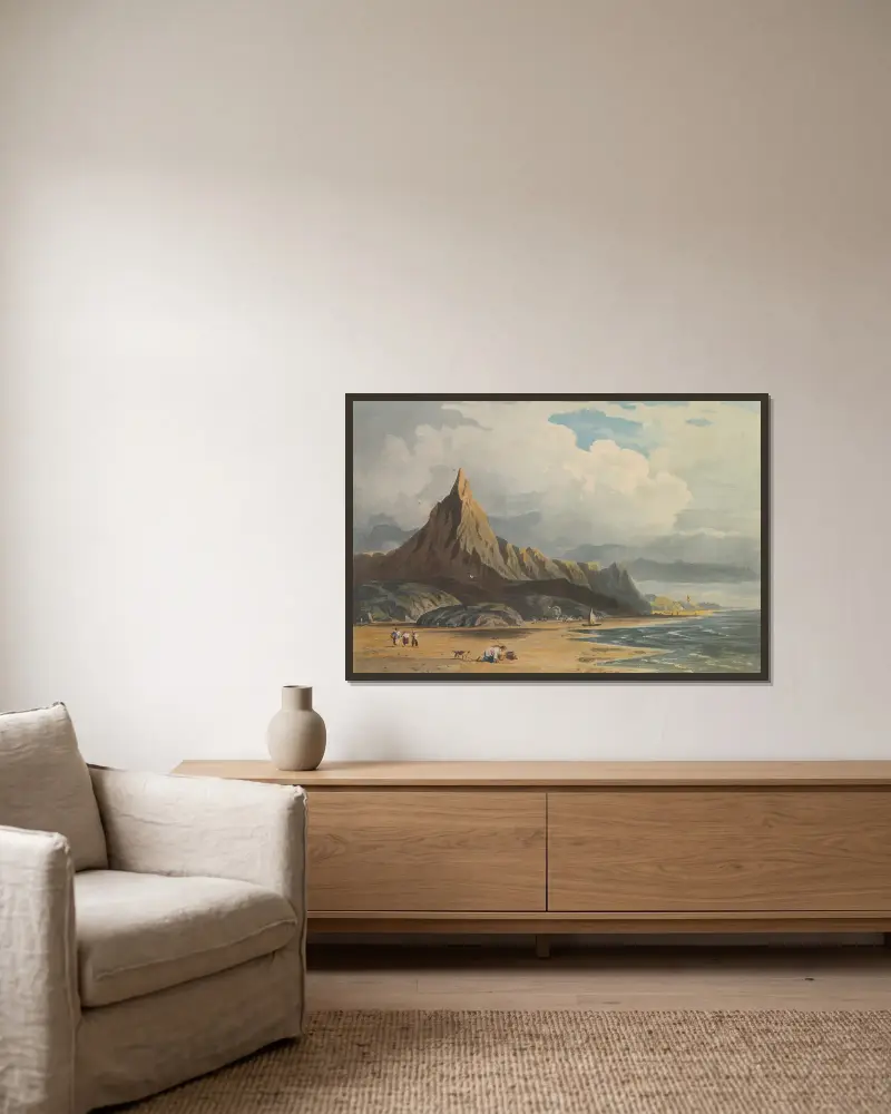 Figuren am Strand von Barmouth, Nordwales von John Varley gerahmt an einer Wand