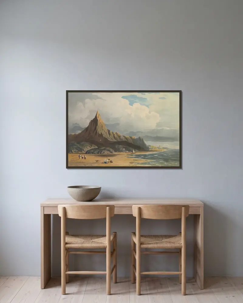 Figuren am Strand von Barmouth, Nordwales von John Varley gerahmt an einer Wand