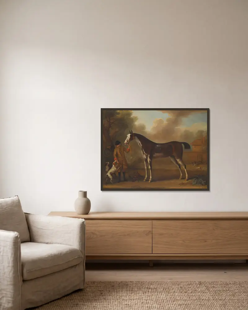 Ein Fuchs mit Jäger und zwei Hunden von John Wootton gerahmt an einer Wand