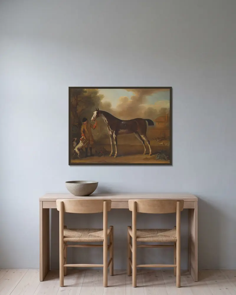 Ein Fuchs mit Jäger und zwei Hunden von John Wootton gerahmt an einer Wand