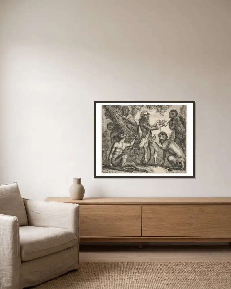 Fabel XIV. Der Affe, der die Welt gesehen hatte von John Wootton gerahmt an einer Wand