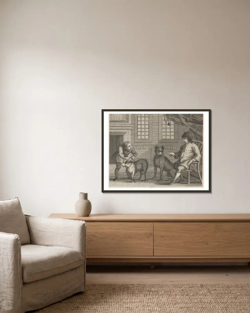 Fabel XXVI. Der Köter und die Dogge von John Wootton gerahmt an einer Wand