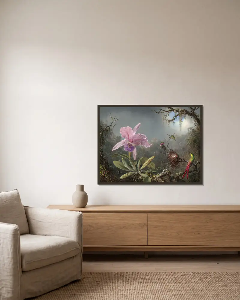 Cattleyaorkidé och tre kolibrier av Martin Johnson Heade inramad på en vägg