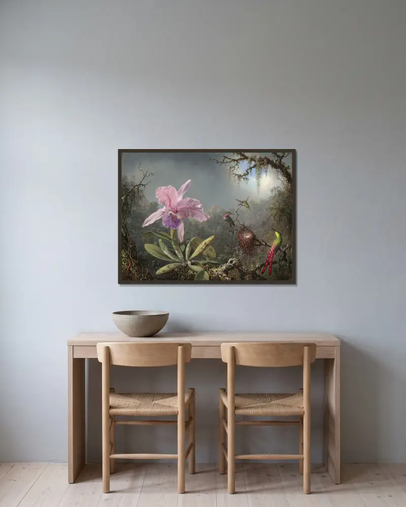 Cattleyaorkidé och tre kolibrier av Martin Johnson Heade inramad på en vägg