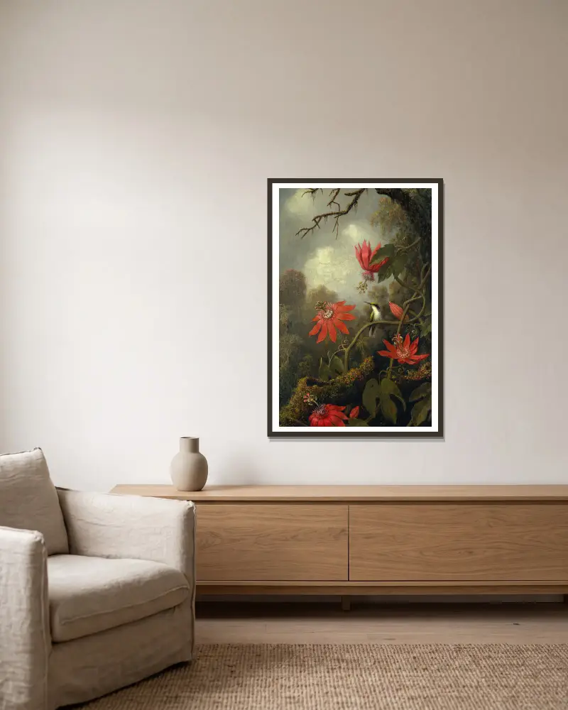 Kolibřík a mučenky, Martin Johnson Heade v rámu na stěně