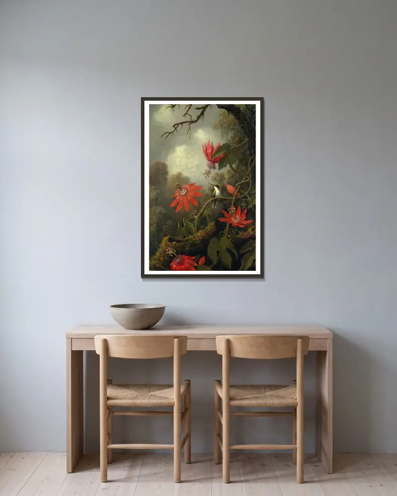 Kolibřík a mučenky, Martin Johnson Heade v rámu na stěně