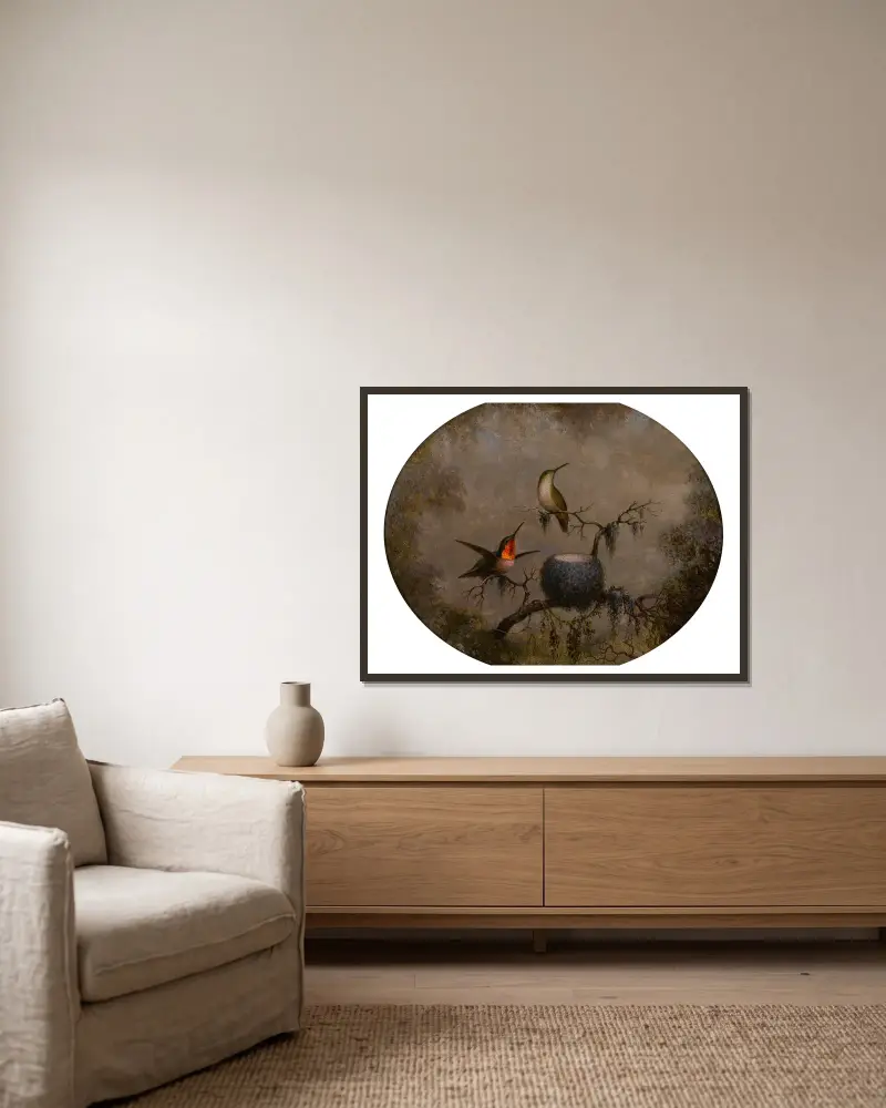 Hummingbirds and Their Nest av Martin Johnson Heade inramad på en vägg