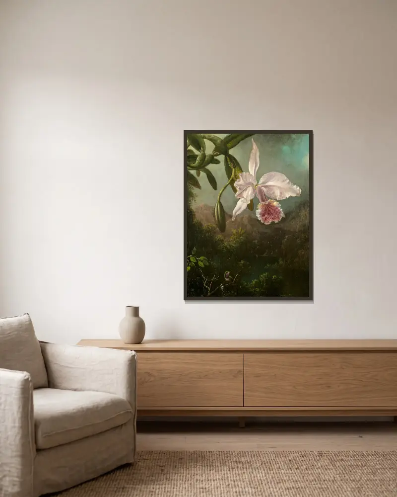 Orchidejové květy, Martin Johnson Heade v rámu na stěně